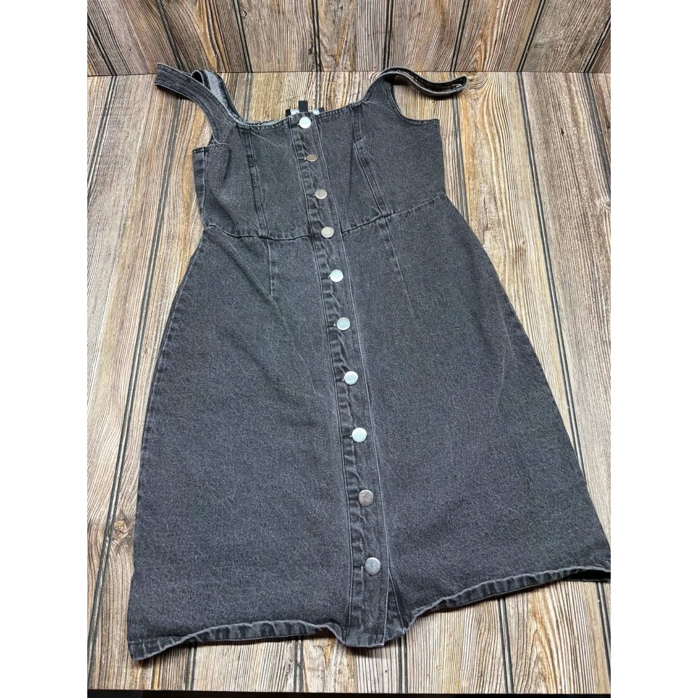 Lulus Black Denim Button Front Mini Dress Sleeveless Square Neck Cotton Womens S